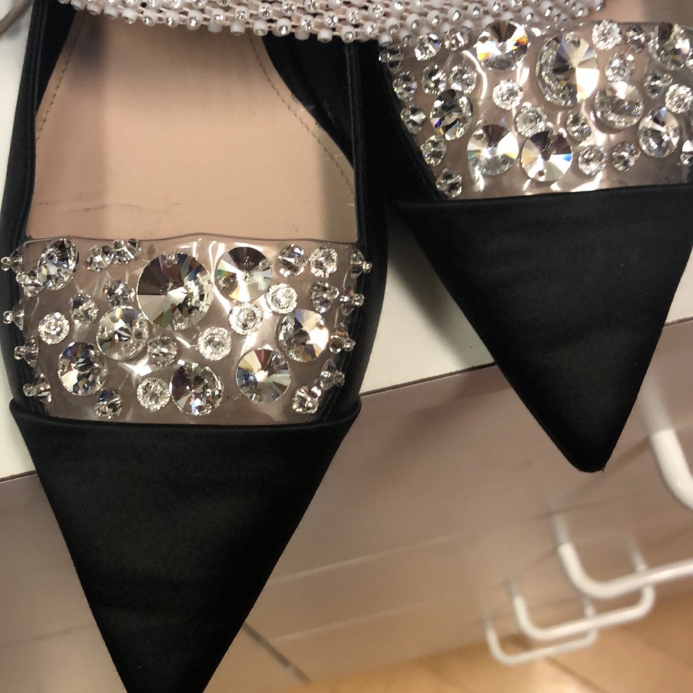 Miu Miu Black Satin Crystal Embellished Ankle Strap Pointed Toe Ballet Flats 40 - Picture 12 of 16